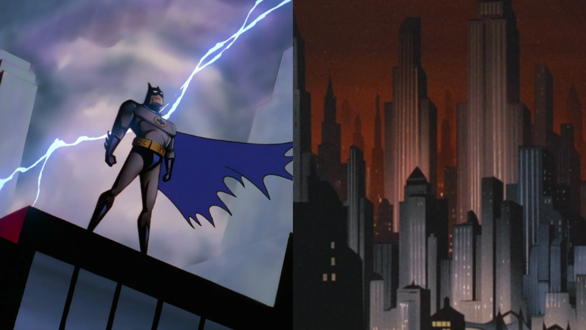Imagem dividida de Batman no topo de um prédio e a paisagem urbana de Gotham.
