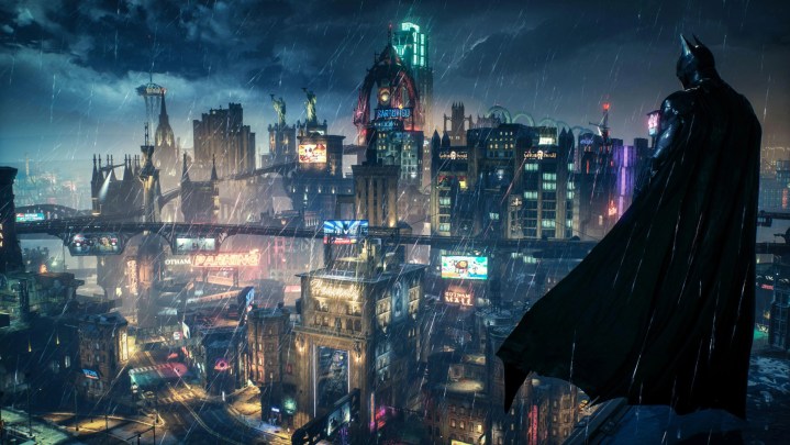 Batman com vista para as luzes de neon de Gotham em Arkham Knight.