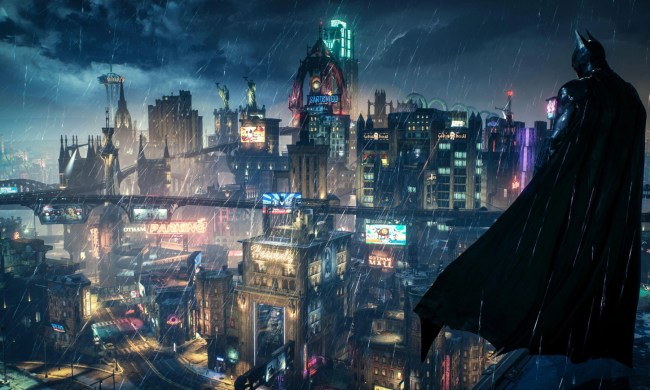 Batman overlooking the neon lights of Gotham in Arkham Knight.