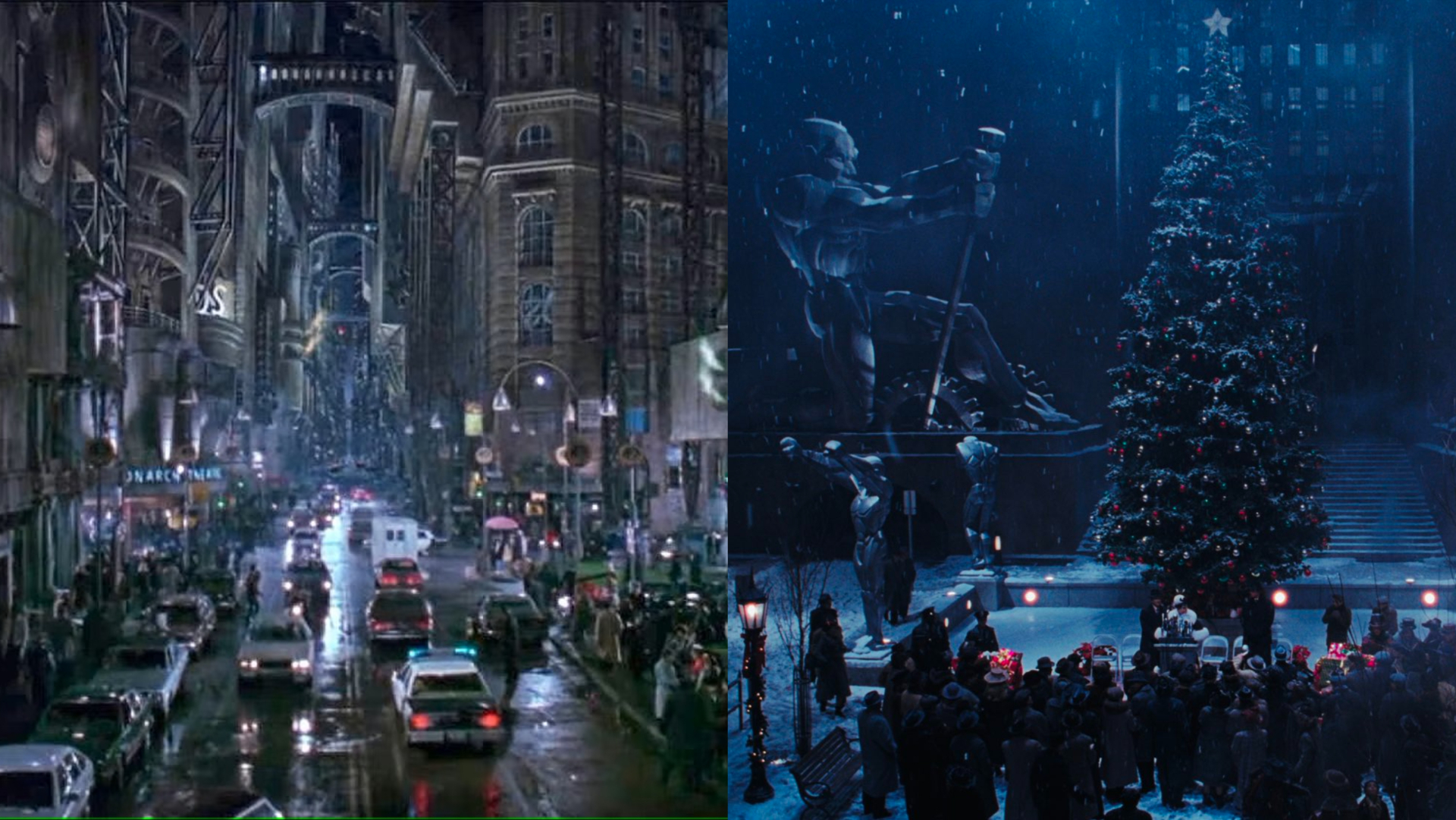 Split image of Gotham City in Batman and Batman Returns.
