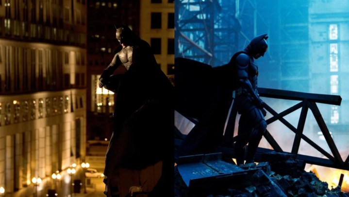 Imagem dividida de Batman pensando no cenário de Gotham City em Batman Begins e The Dark Knight.