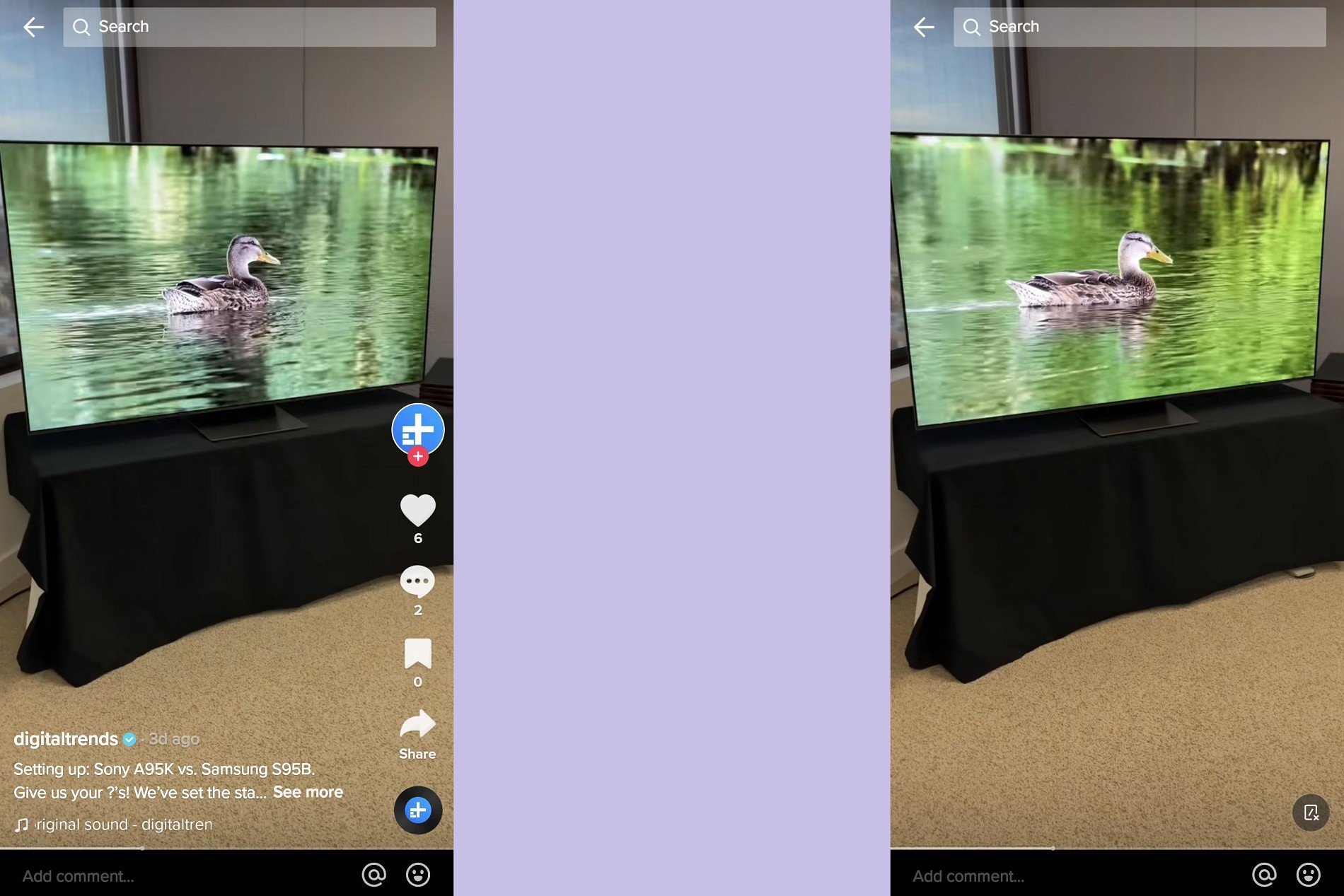 A Digital Trends TikTok video before and after Clear Mode is enabled.