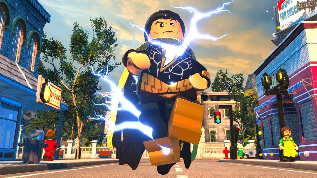 Lego Black Adam com relâmpagos saindo dele no jogo Lego DC Super-Villains.