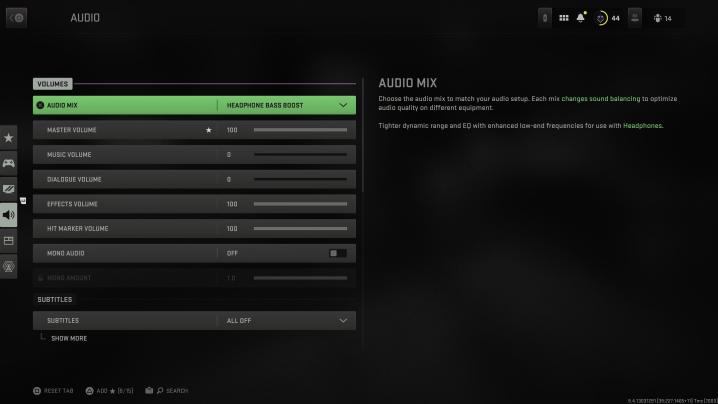 Audio menu in Modern Warfare II.