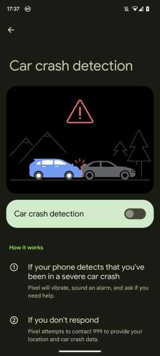 Demonstração de detecção de acidente de carro em um Pixel.