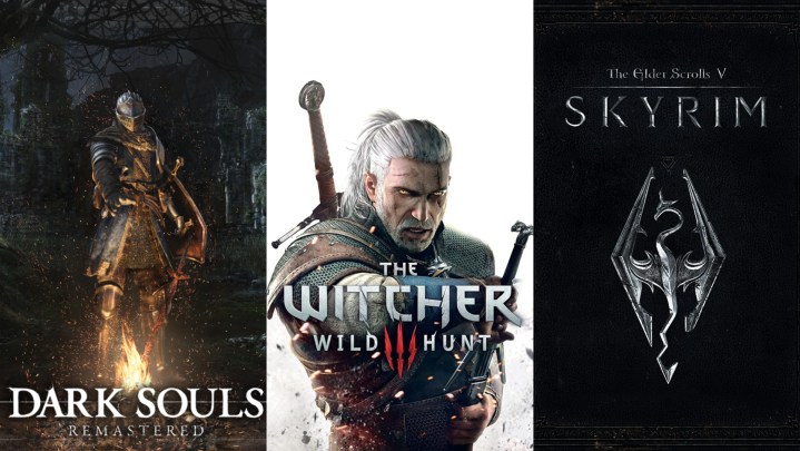 Image fractionnée de l'art promotionnel de Dark Souls, The Witcher 3 et Skyrim.