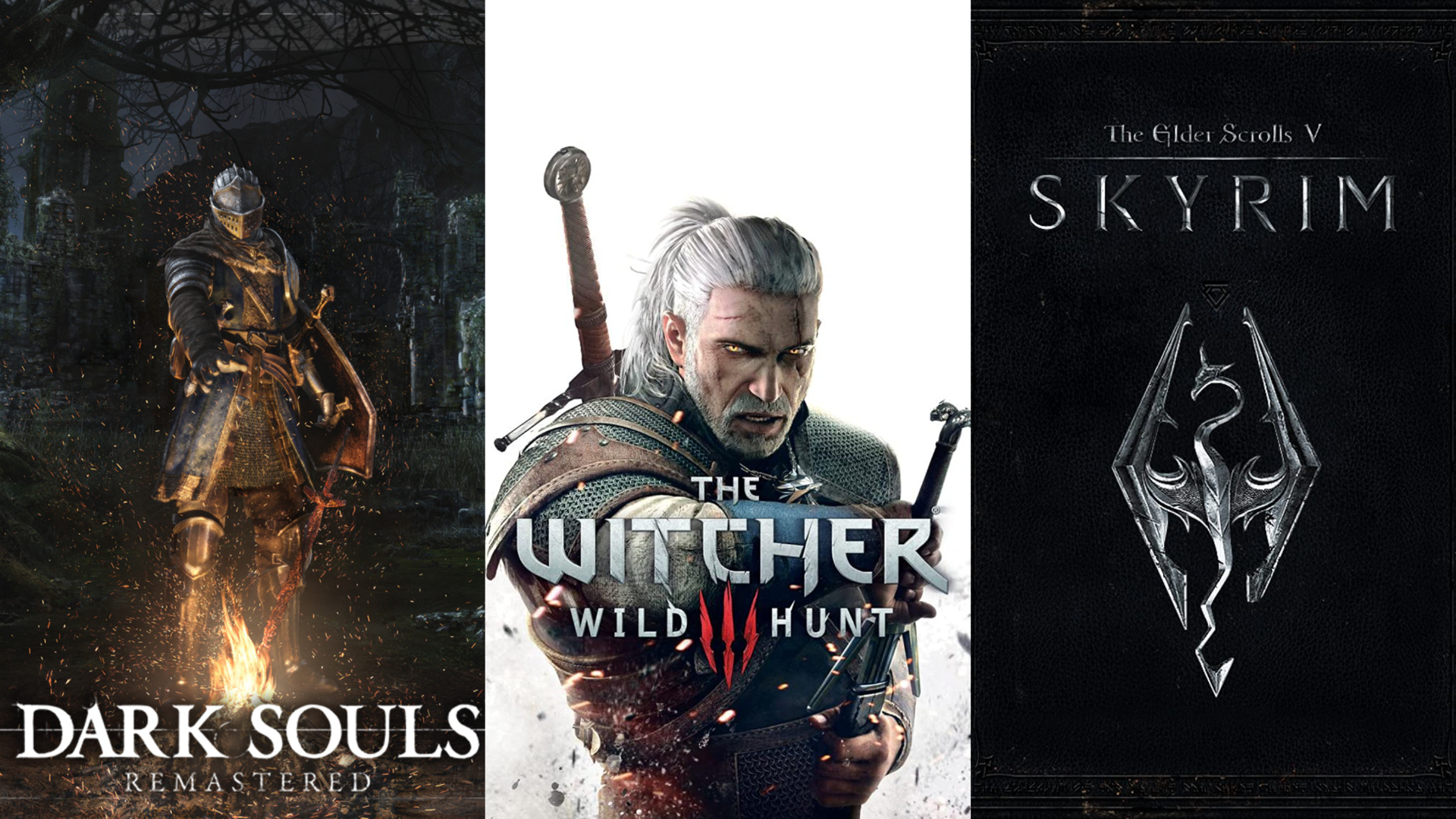 Split-Bild von Dark Souls, The Witcher 3 und Skyrim-Werbegrafik.