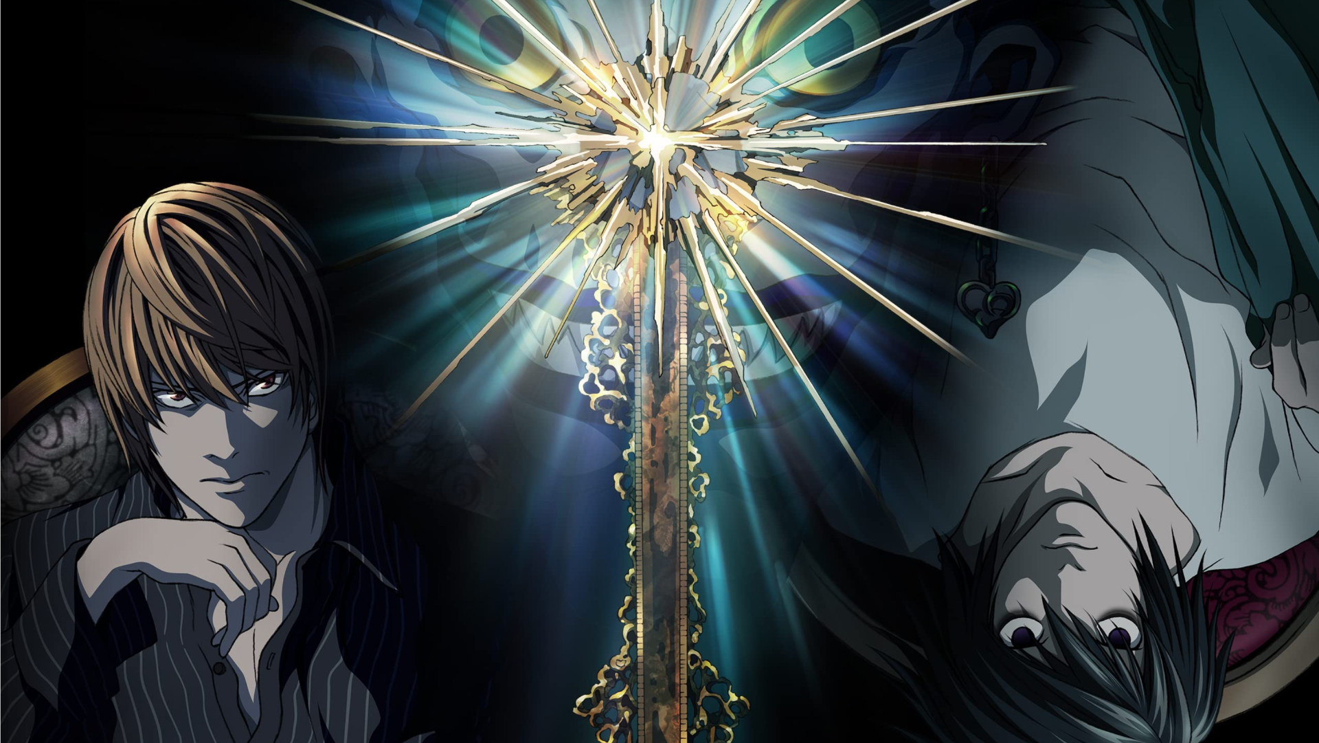 Arte chave do anime Death Note com Light e L em lados opostos com Ryuk aparecendo no alto.