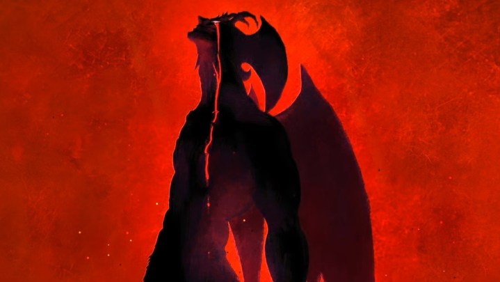 Dark silhouette of the titular devil crying bloody tears at Devilman Crybaby.