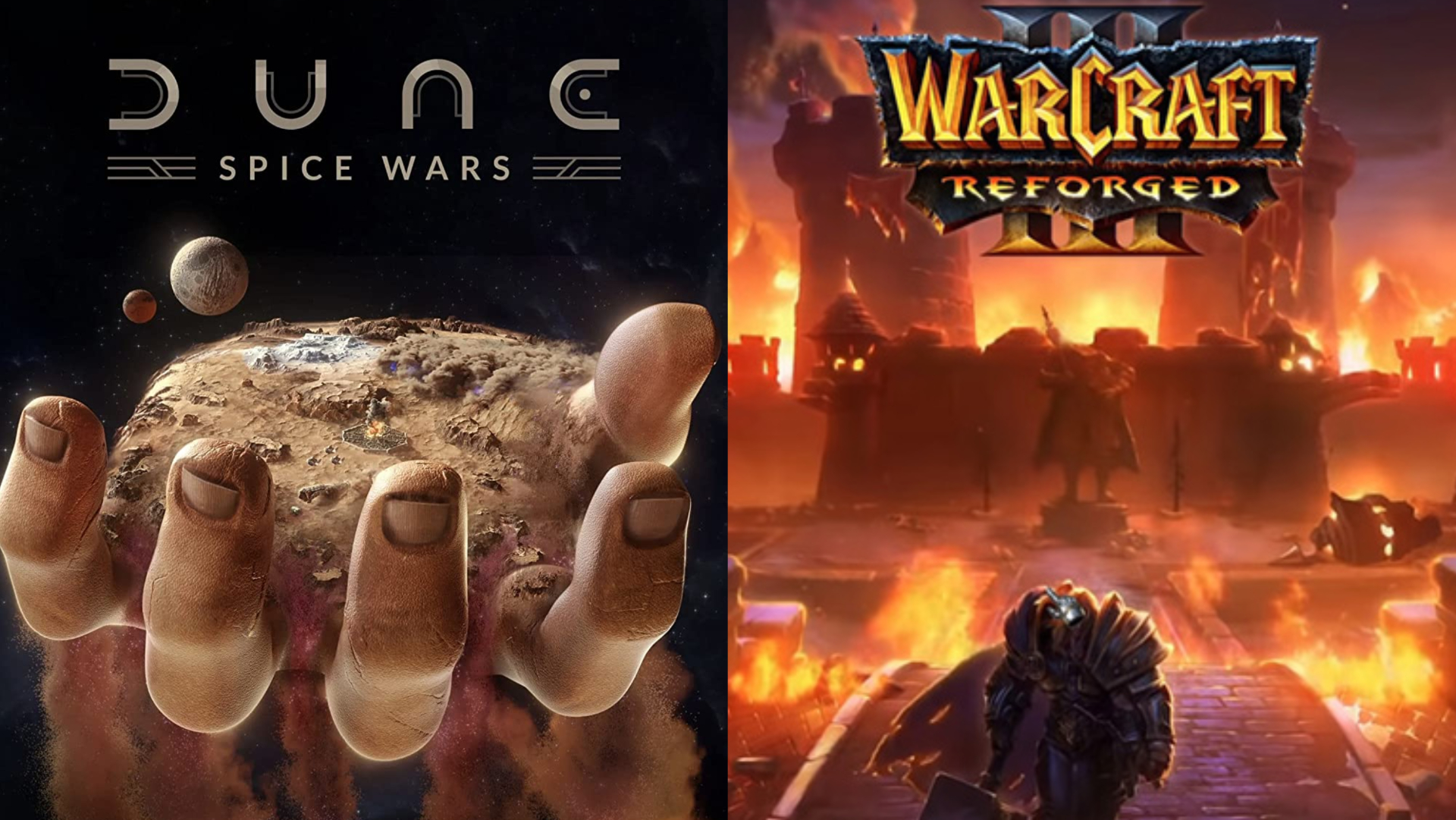 Split-Bild von Dune: Spice Wars und Warcraft III.