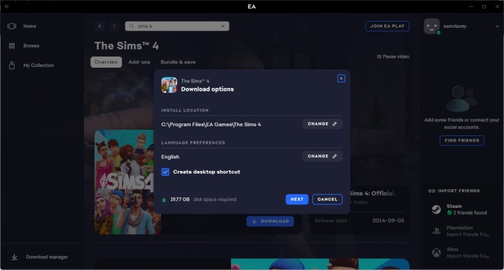 Sims 4 installation on PC.