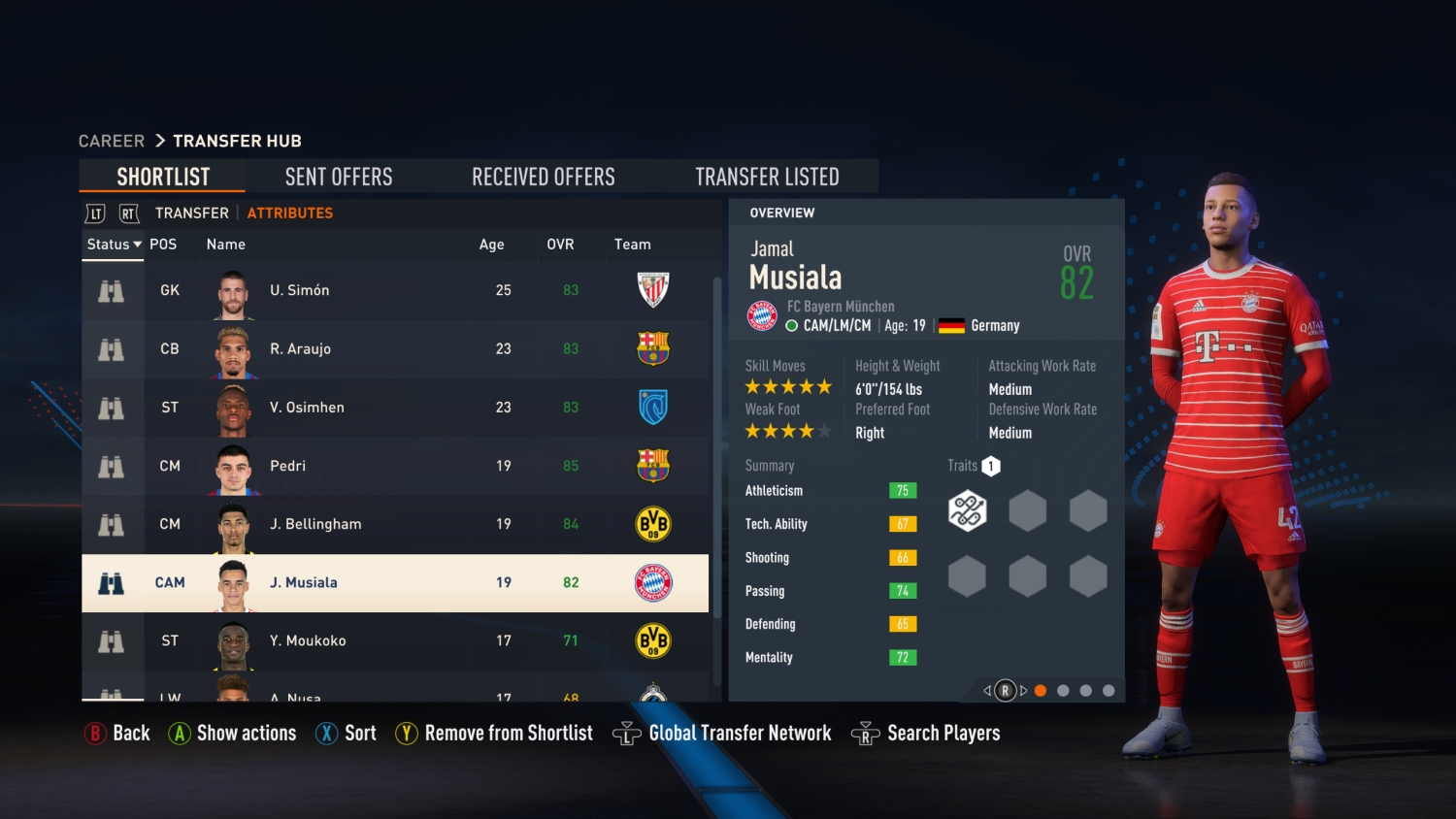 Uma lista de jogadores no FIFA 23 contendo Jamal Musiala.