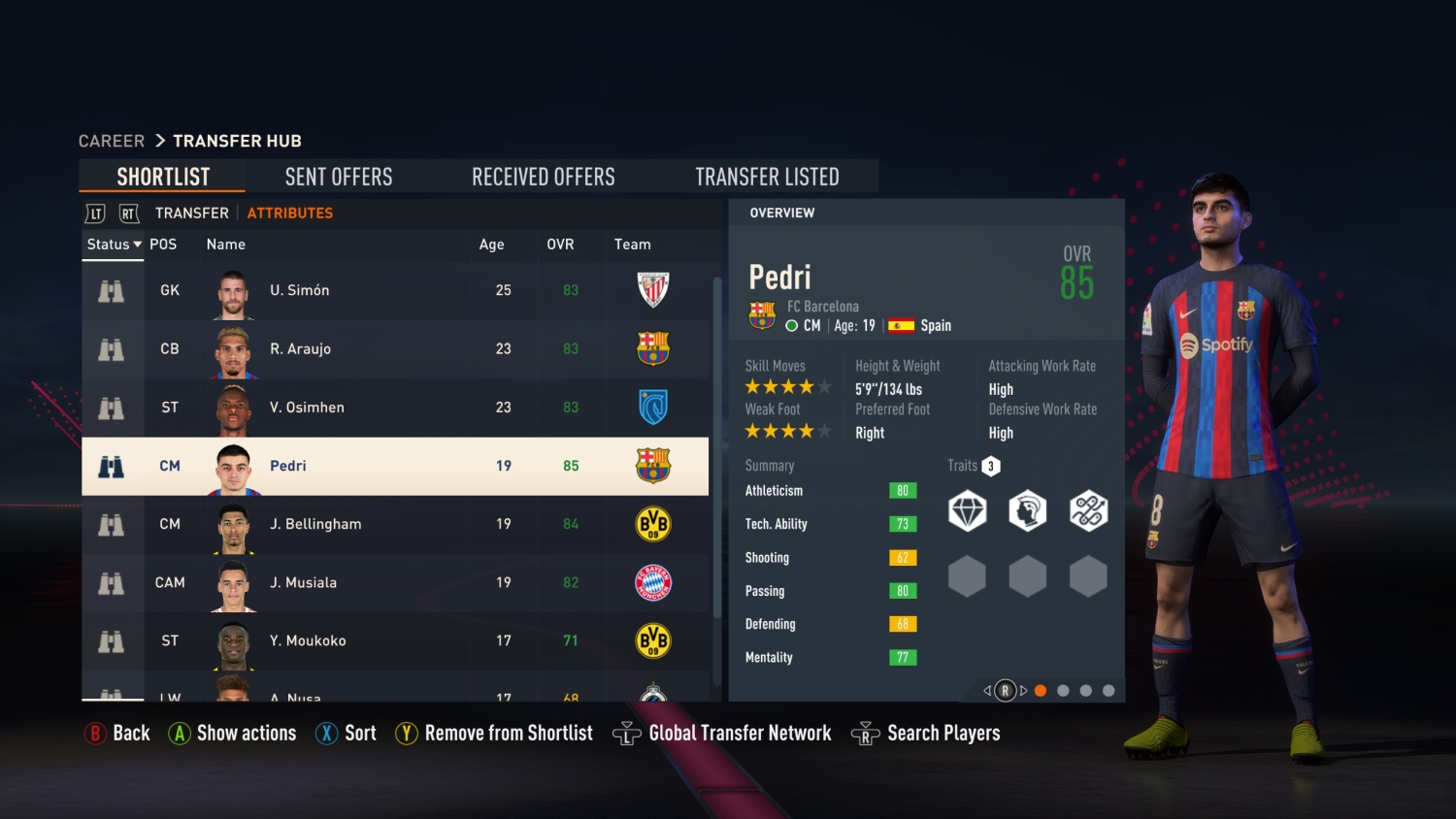 Uma lista de jogadores no FIFA 23 contendo Pedri.