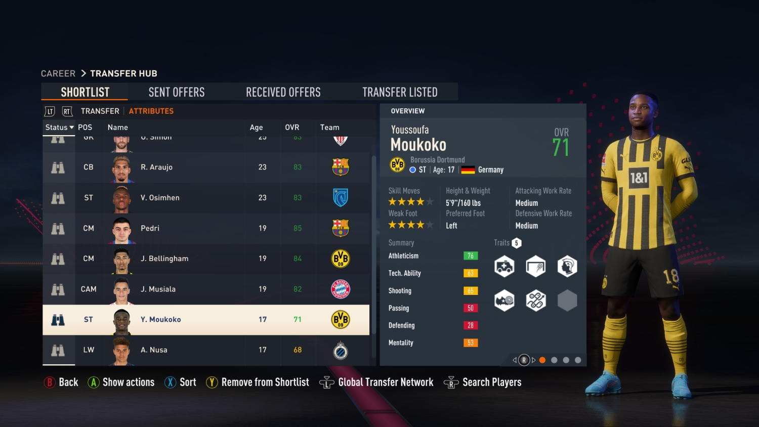 Uma lista de jogadores no FIFA 23 contendo Youssoufa Moukoko.