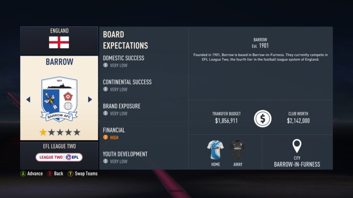 Una captura de pantalla de FIFA 23 que muestra el panel de información de Barrow.