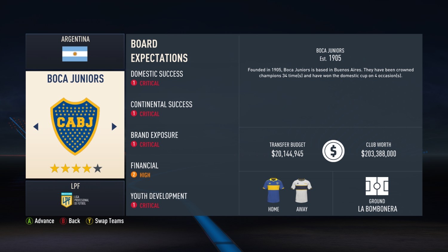Una captura de pantalla de FIFA 23 que muestra el panel de información de Boca Juniors.