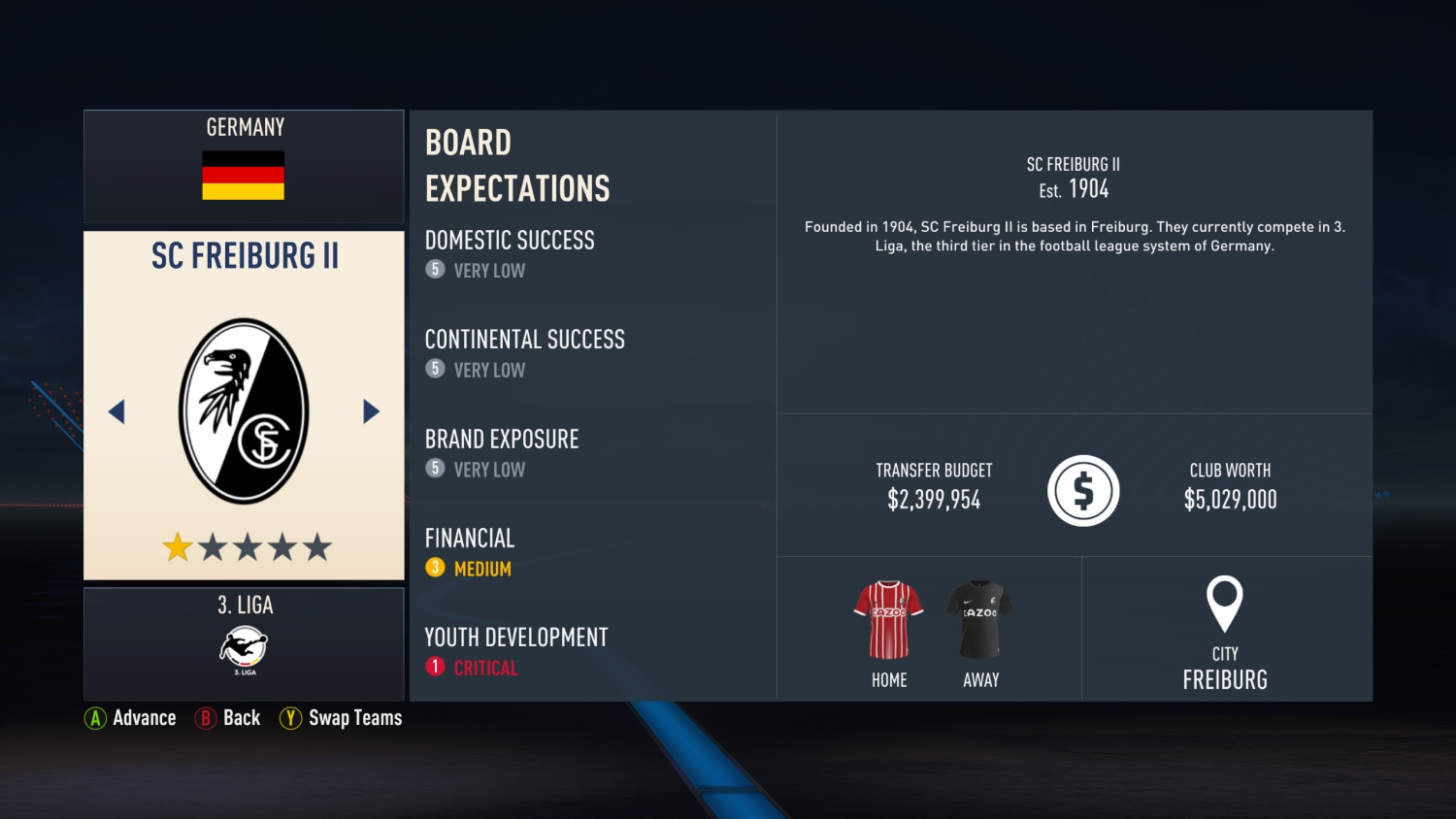 Uma captura de tela do FIFA 23 mostrando o quadro de informações do SC Freiburg II.
