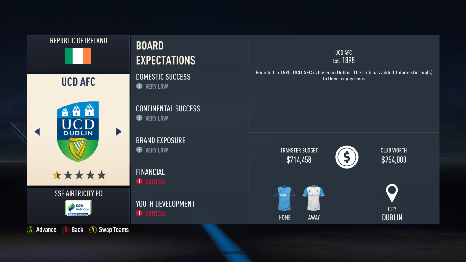Uma captura de tela do FIFA 23 mostrando o quadro de informações da UCD AFC