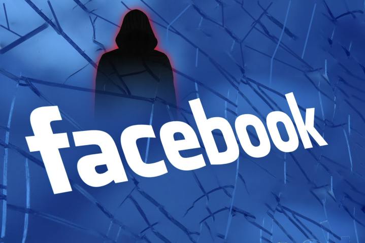 El logotipo de Facebook aparece con una figura encapuchada sobre un fondo azul agrietado.