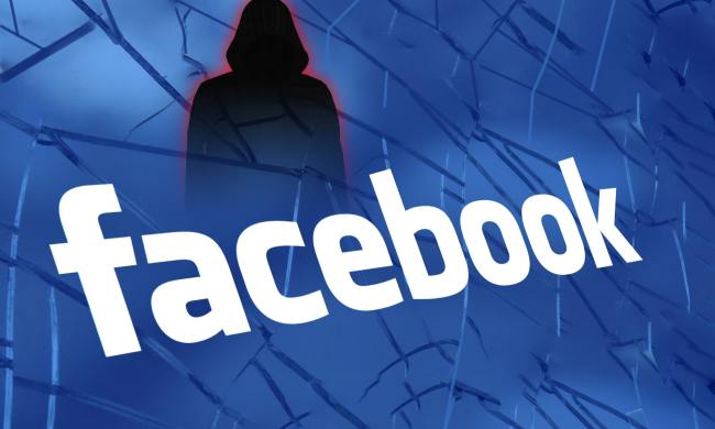 Facebook logo appears with a hooded figure over a cracked blue background.