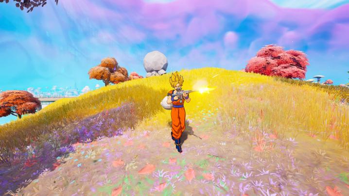 Goku disparando a los enemigos en Fortnite.