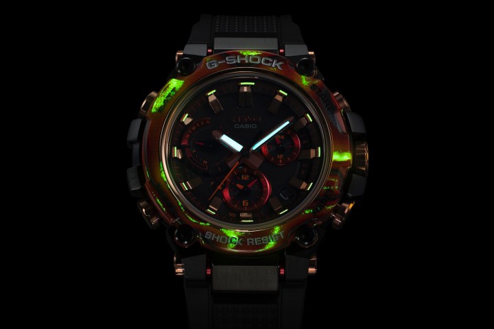 G-Shock MTG-B3000FR glowing in the dark.