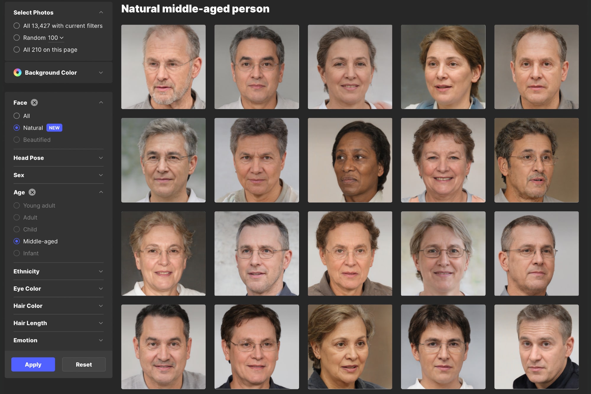 As fotos geradas permitem pesquisar rostos gerados por IA por tipo.