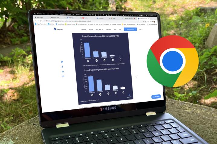 The Google Chrome logo appears on a photo of a laptop with a chart of vulnerabilities.