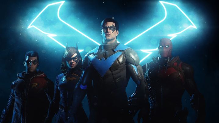 All four Gotham Knights characters stand in front of Nightwing's logo.