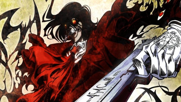 Alucard pointing to his gun in Hellsing Ultimate anime key art.