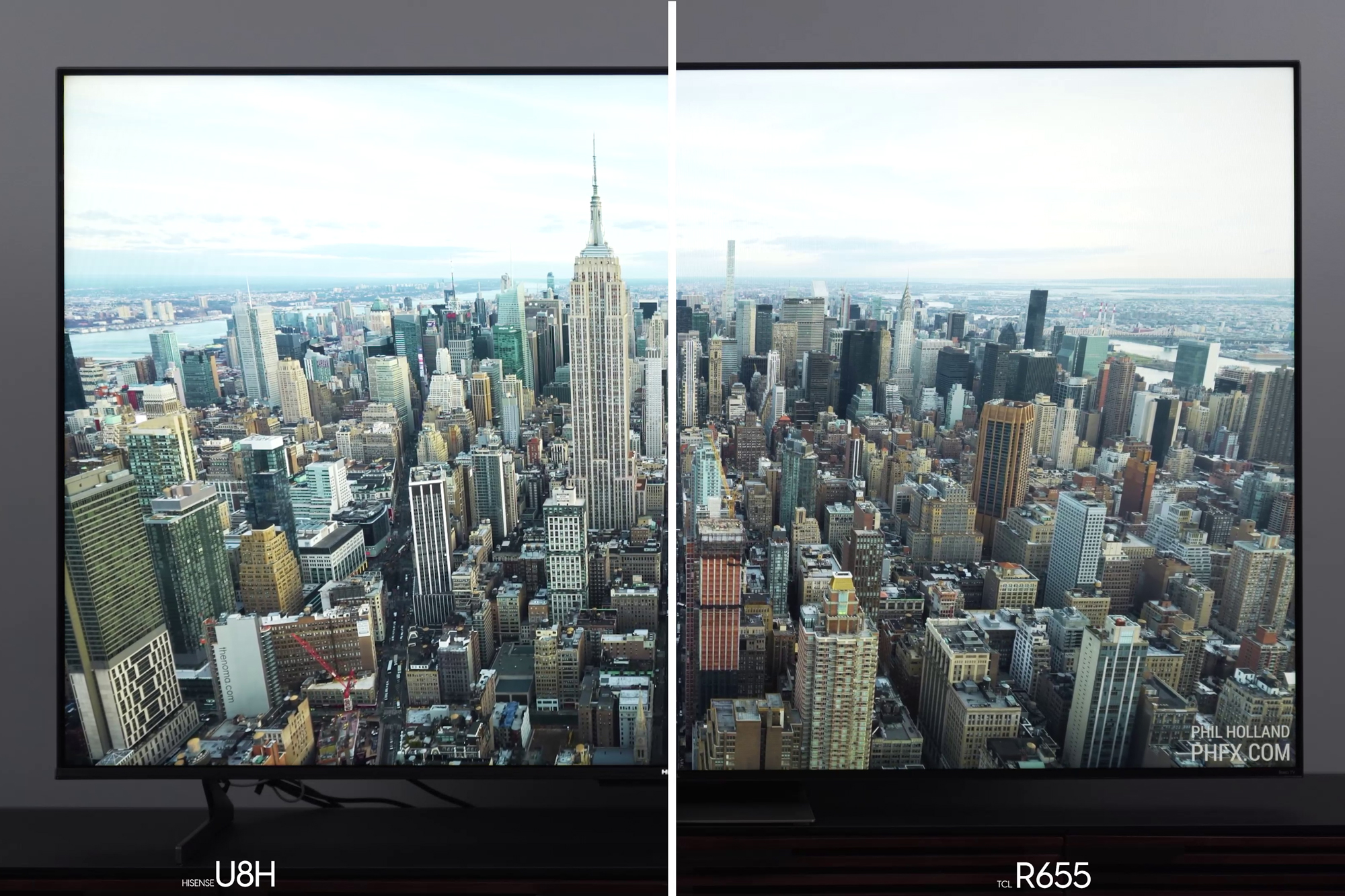 Comparação lado a lado de imagens do horizonte de uma cidade no Hisense U8H vs TCL 6-Series R655.