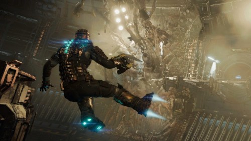 Issac Clarke flying through machinery in Dead Space remake.
