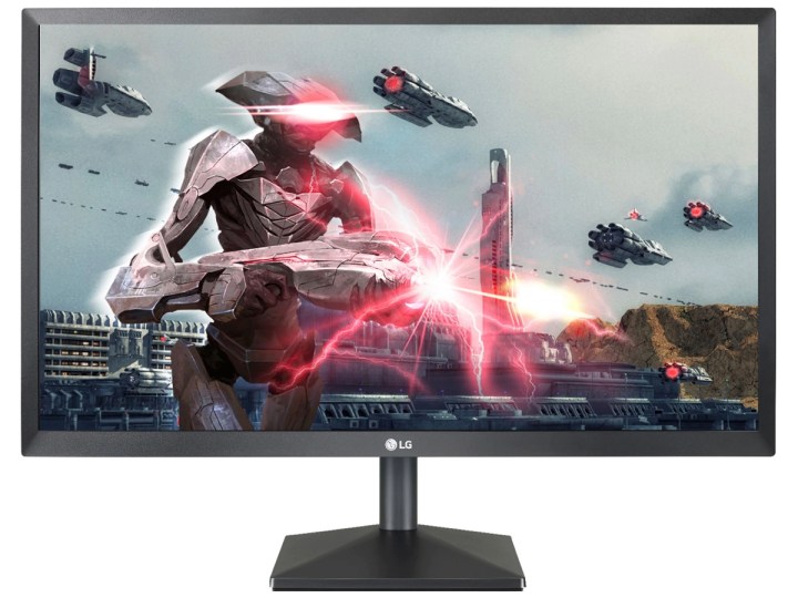 The LG 24-inch Full HD monitor with a video game scene on the screen.