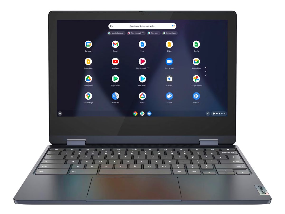 O Chromebook Lenovo Flex 3 em Abyss Blue contra um fundo branco.