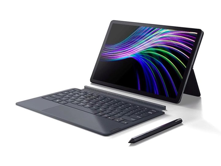 The Lenovo Tab P11 Plus with stylus and keyboard against a white background.