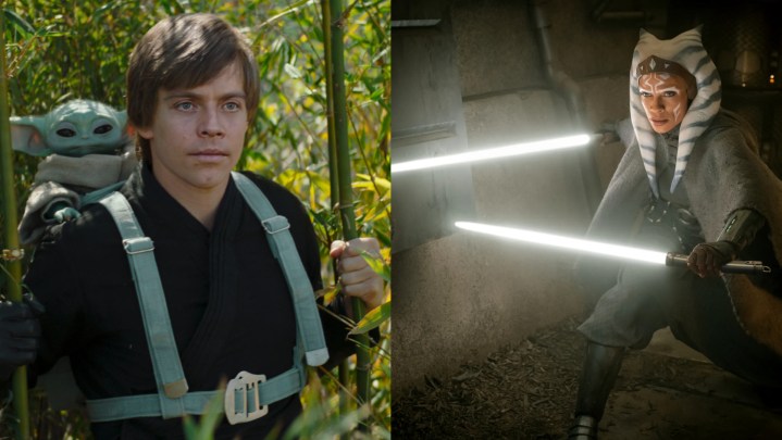 Imagem dividida de Luke Skywalker com Groku e Ahsoka com seus sabres de luz.