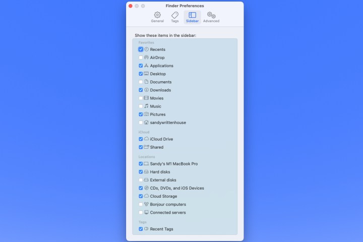 Sidebar tab in Finder Preferences.