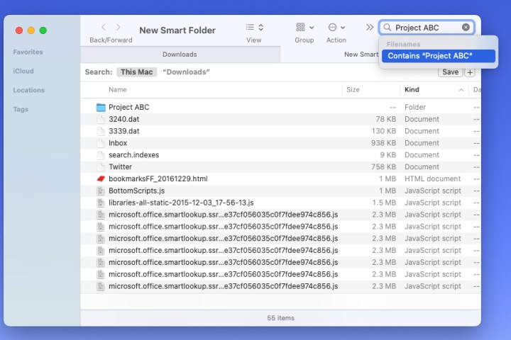 Search suggestion for a Smart Folder on Mac.