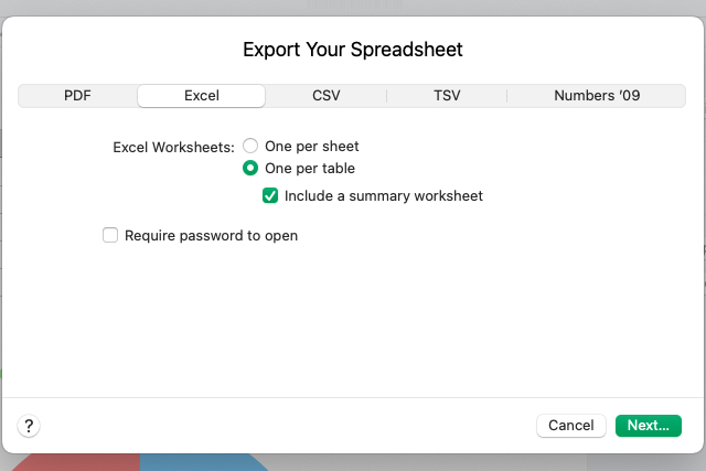 Exporte seleções do Numbers para o Excel.