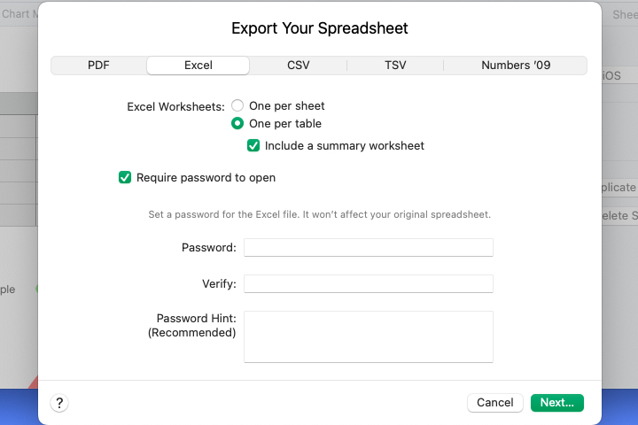 Opção de senha para exportar para Excel.