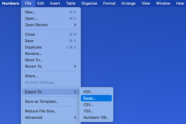 در منوی Numbers File به اکسل صادر کنید.