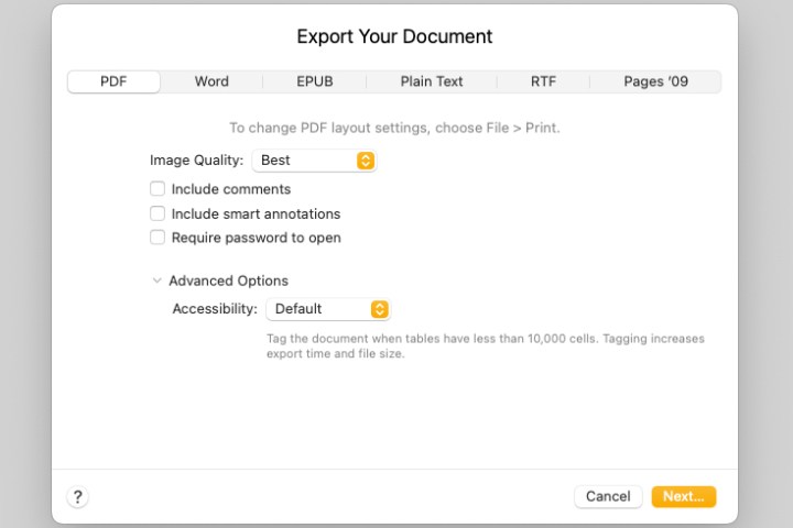 Accessibility settings for exporting from Pages to PDF.