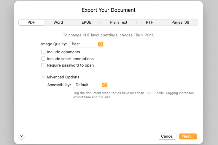 Barrierefreiheitseinstellungen für den Export von Pages nach PDF.