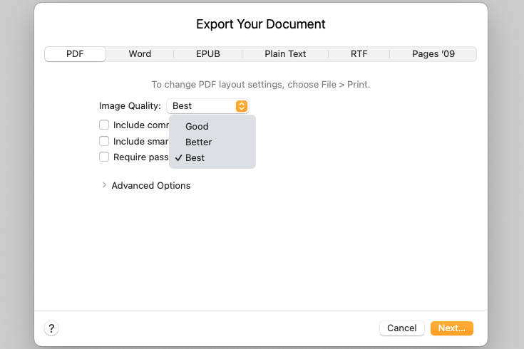 Configuração de qualidade de imagem para um PDF exportado.