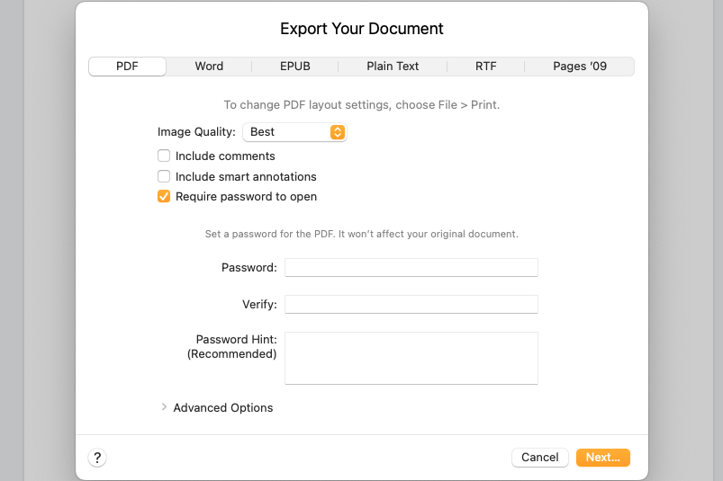 Configurações de senha para um PDF exportado.