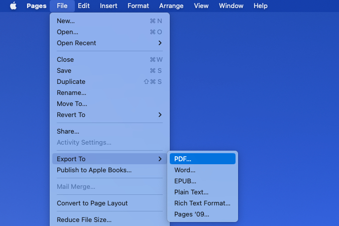 Export to PDF in the Pages File menu.