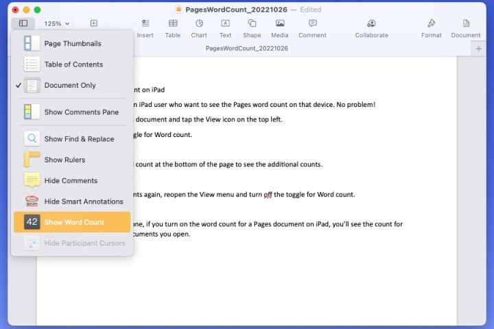 Show Word Count in the Pages View menu on Mac.