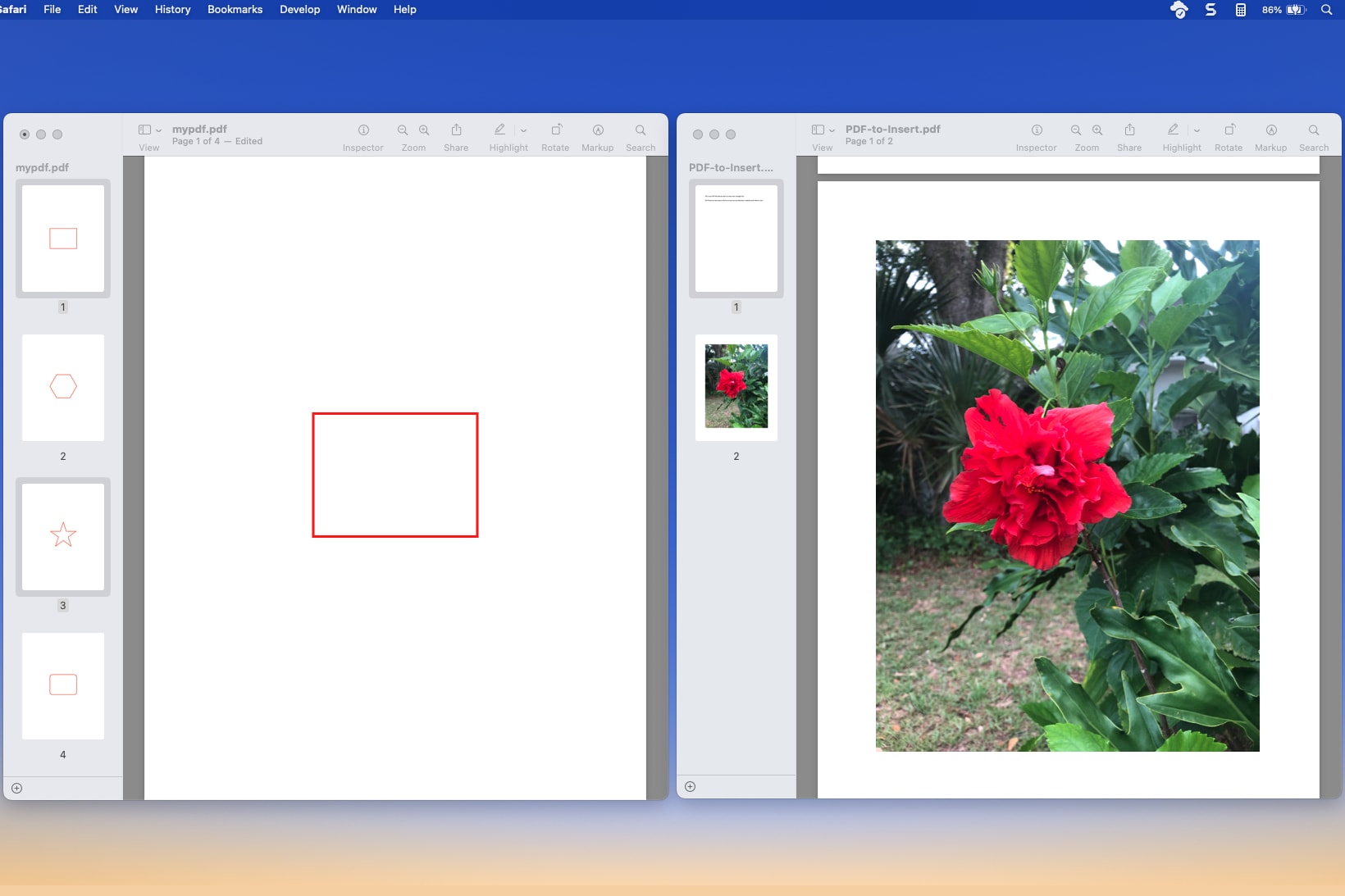 Dos ventanas de vista previa con archivos PDF en Mac.