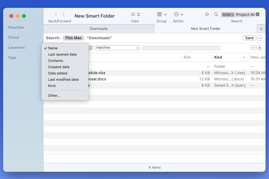 Drop-down list for choosing an attribute for a Smart Folder.
