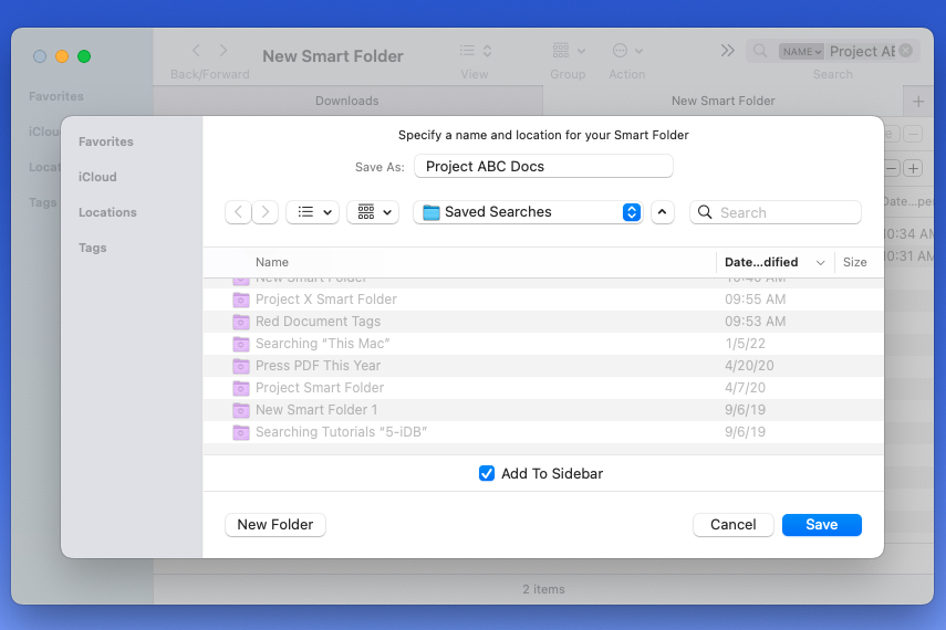 Choose a name and location to save a Smart Folder.